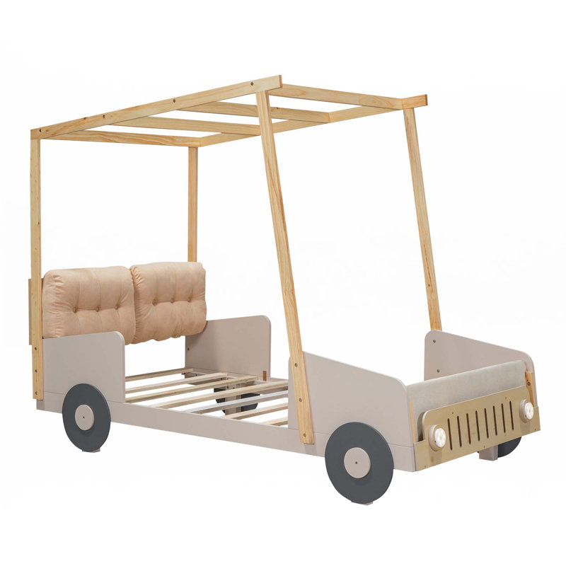 Lit voiture en bois avec coussin, toile de plafond et DEL, Simple