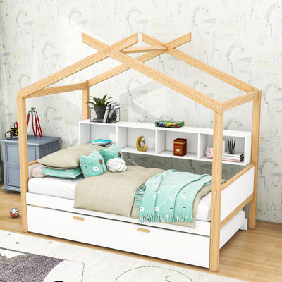 Lit simple en bois avec tablettes, lit gigogne simple et lattes