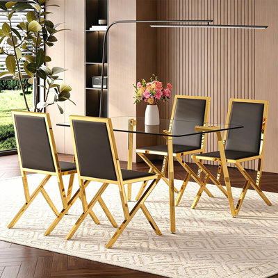 Ensemble de table à manger en verre trempé de luxe moderne et 4 chaises en polyuréthane, élégant et fonctionnel