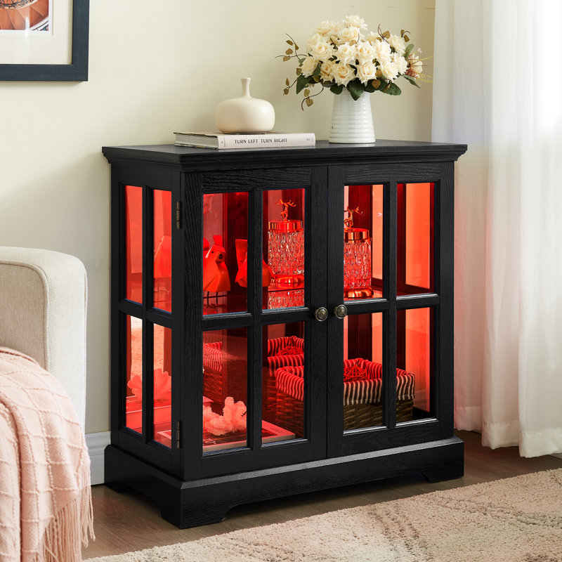Vitrine à DEL avec style rétro, étagères réglables, matériaux et éclairage télécommandé pour système de 7 couleurs, tablettes, poignée en métal, table de salle à manger lisse