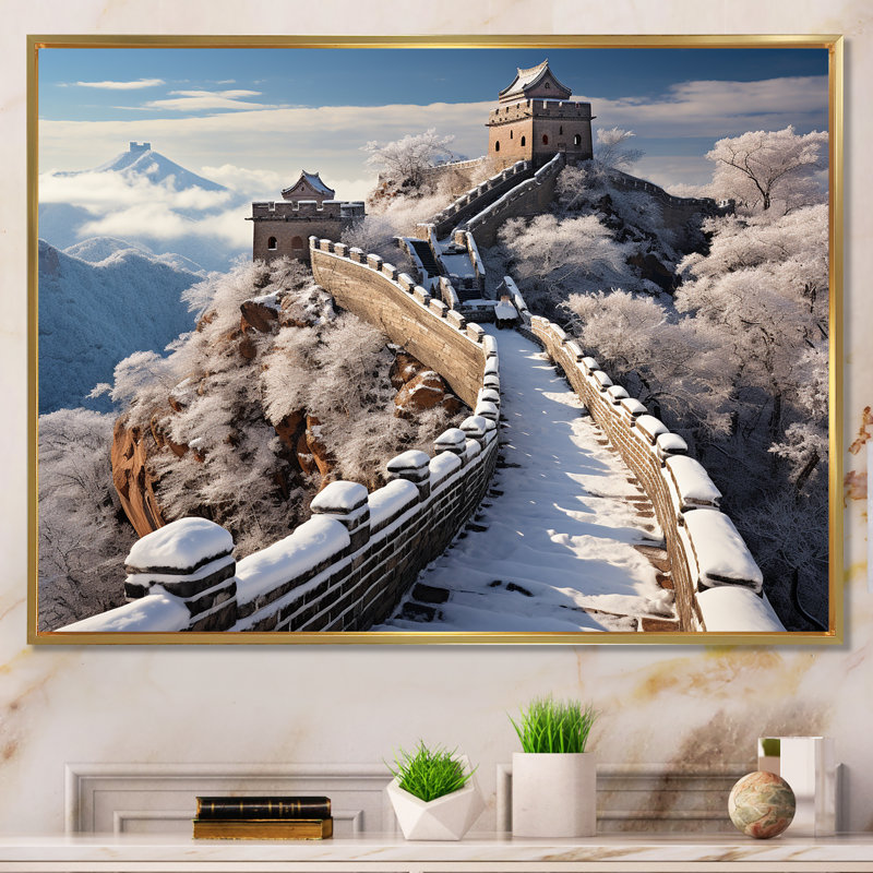 Grande muraille de Chine en hiver III - Art mural au Japon, Cadre flottant doré, H 12 po x l 20 po x P 1 po