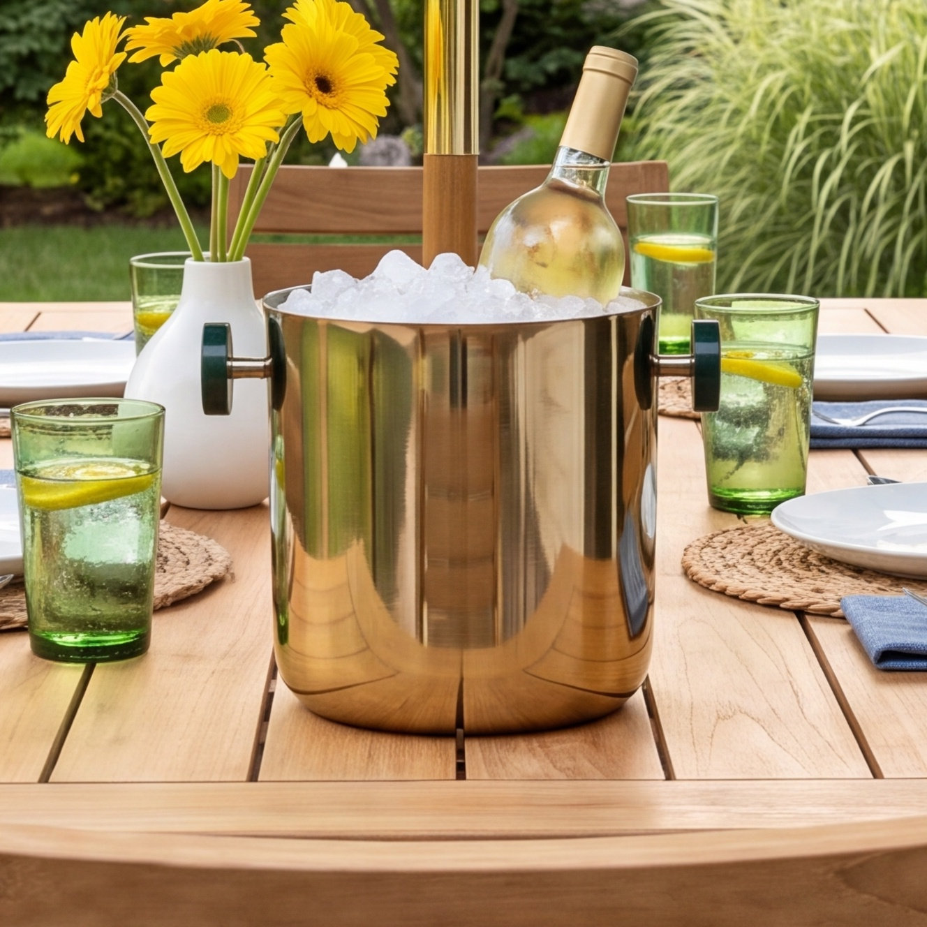 Gomez Stainless Steel Ice Bucket, Gold w/ Green Accent