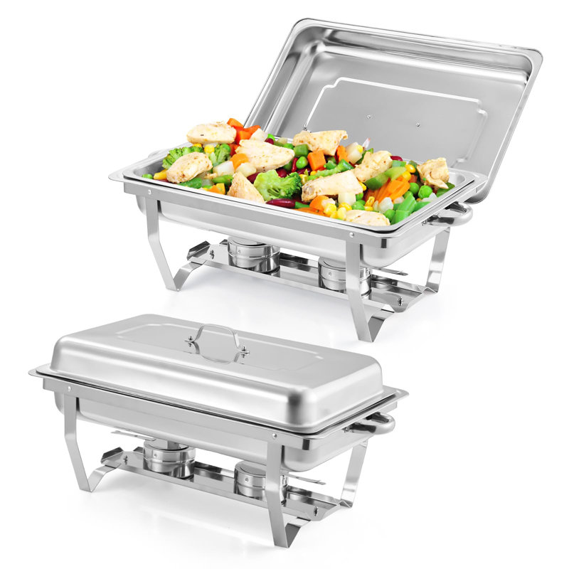 Ensemble de 2 réchauds argentés pour buffet, chauffe-plats en acier inoxydable 8 pte avec couvercles et supports pliables pour les fêtes et la restauration