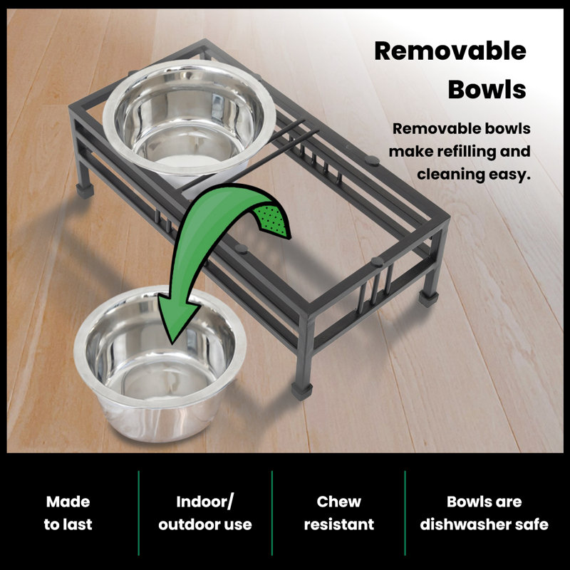 Medium Elevated Black Iron Pet Double Diner with Stainless Steel Bowls