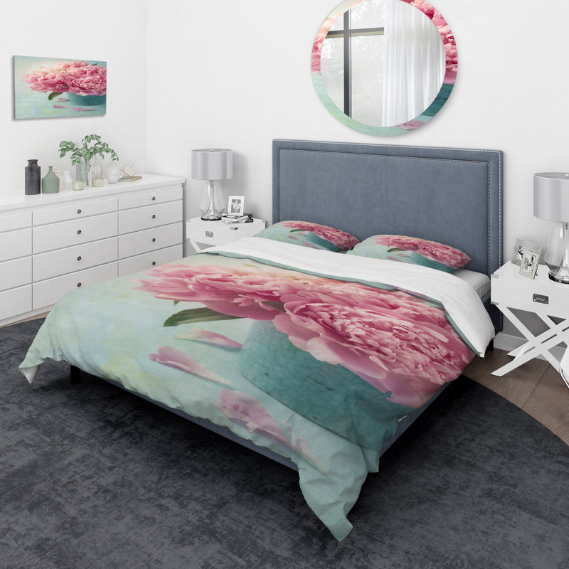 Pink Peony Flowers in Vase - Floral Duvet Cover Set - Microfiber Polyester, King Duvet Cover + 2 Shams