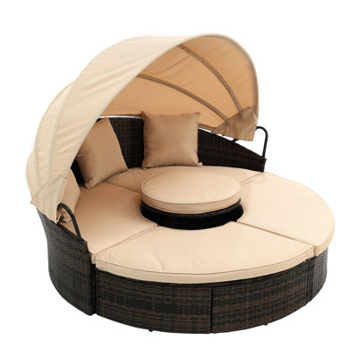 Lit de jardin avec auvent : coussins épais et housse ajustable. Lit de jour de terrasse avec auvent résistant aux intempéries : housses de coussin rondes.