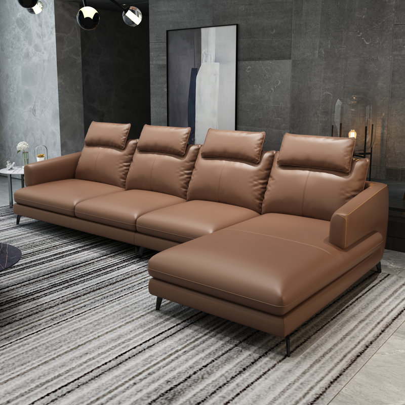 Pyle Upholstered L-Shaped Sectional, Sand Beige Genuine Leather, Right Hand Facing