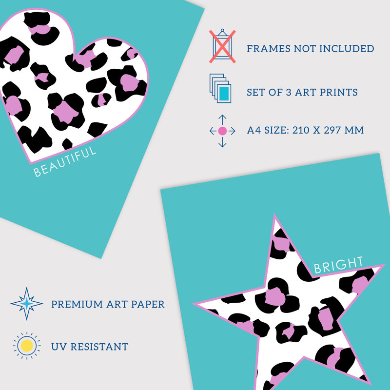 Leopard Pattern Heart Lightning Star Shape Red Motivational - 3 Piece No Frame Print Set, 29.7cm H x 21cm W x 0.4cm D