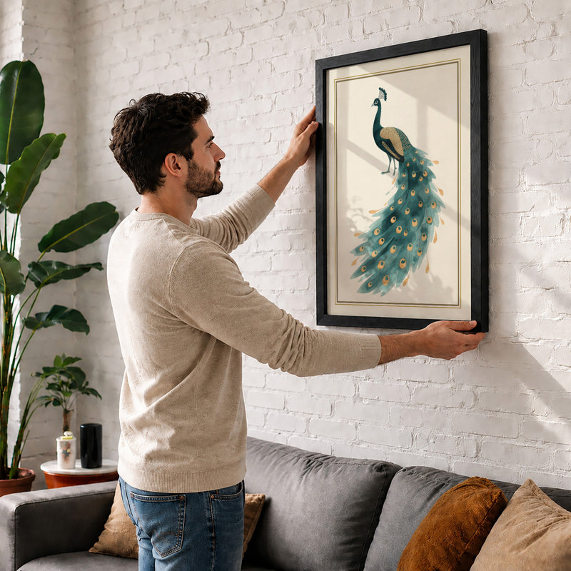 Peacock in Profile Botanical - Framed Print, A2 - 59.4 x 42.0 cm, Oak