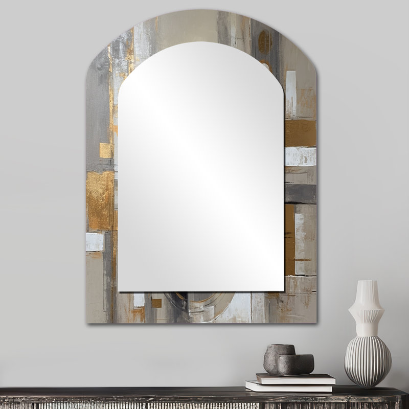 Gold And Grey Radical Simplicity I - Midcentury Modern Unique Shape Large Wall Mirror, Modern Freeform Unique Mirror, Printed Metal Art