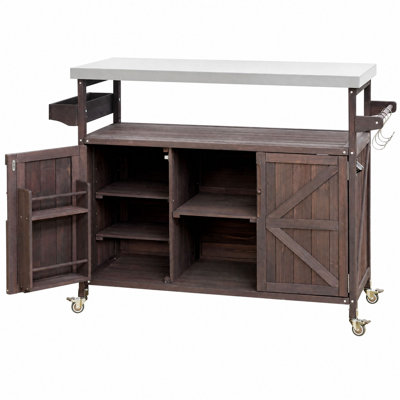 Outdoor Kitchen Island with Stainless Steel Top, Farmhouse Solid Wood Rolling Bar Cart with Storage Cabinet, Spice Rack & Towel Rack, Dark Brown