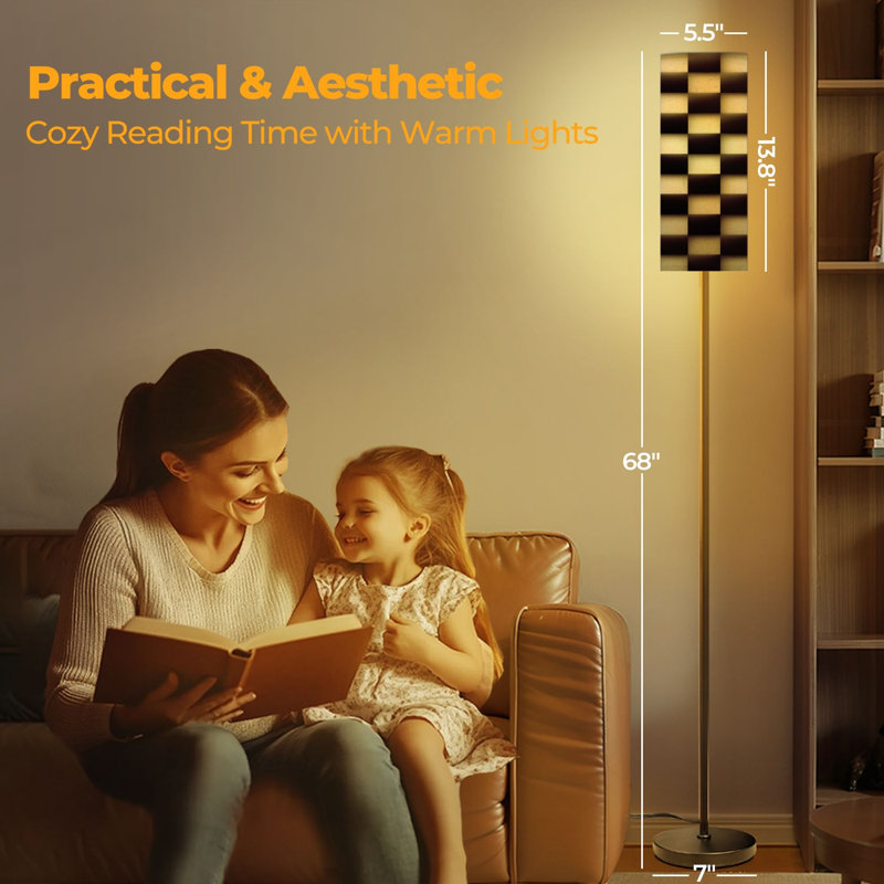  68.5" Standing Floor Lamp chequered flag finish car race black white Dimmable Metal Pole Lamp with Linen Lampshade LED Bulb Included