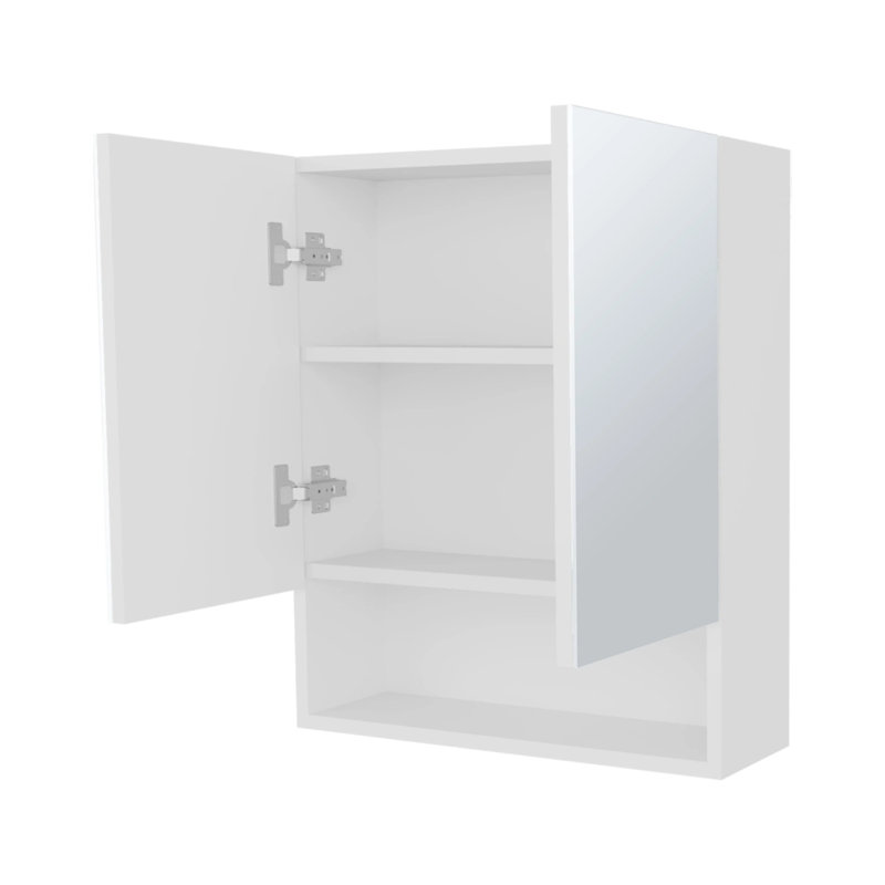 Armoire à pharmacie blanche avec portes en miroir et rangement ouvert