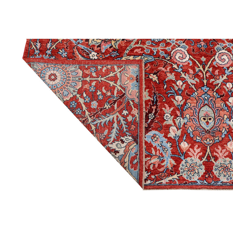 Tapis rouge / bleu / beige en laine noué à la main de conception unique 7 pi 11 po x 9 pi 11 po