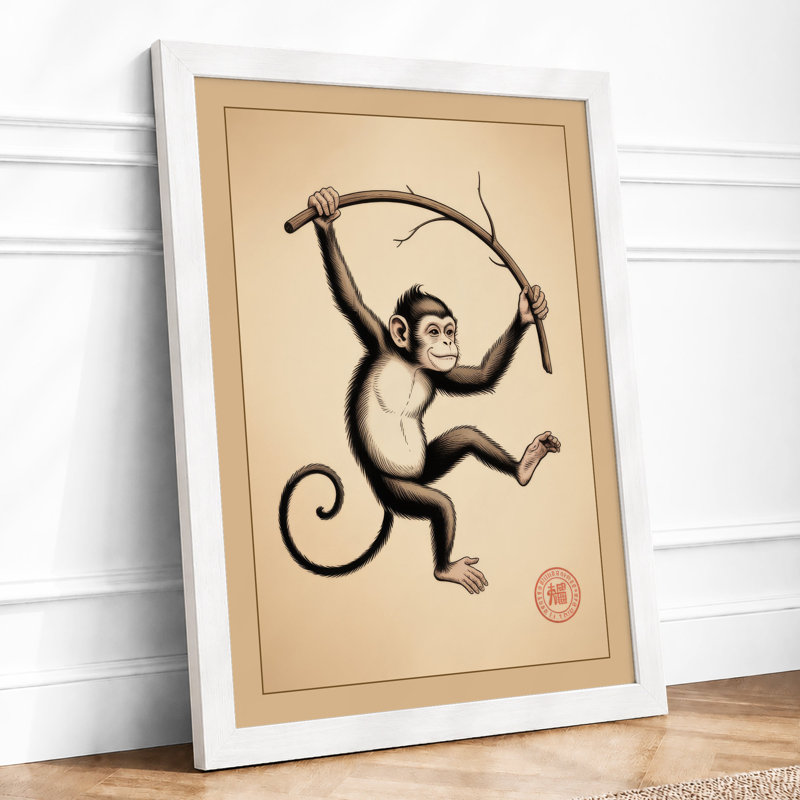 Leaping Chimpanzee Japandi - Framed Print, A3 - 42.0 x 29.7 cm, White