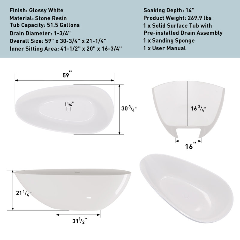 59" Freestanding Solid Surface Bathtub