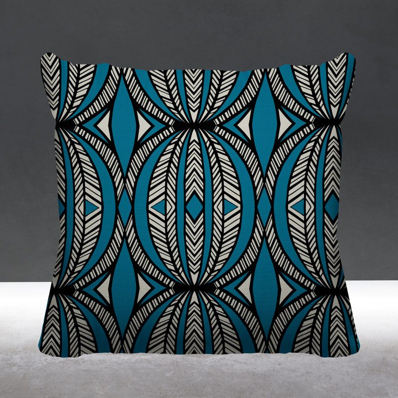 Coussin décoratif intérieur / extérieur Kiva Abstract Tribal, L 17 po x H 17 po, Turquoise