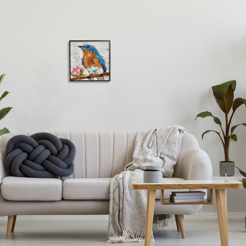 Oiseau bleu en fleurs - peinture, Giclée encadrée noir minuit, H 12 po x l 12 po x P 1,5 po