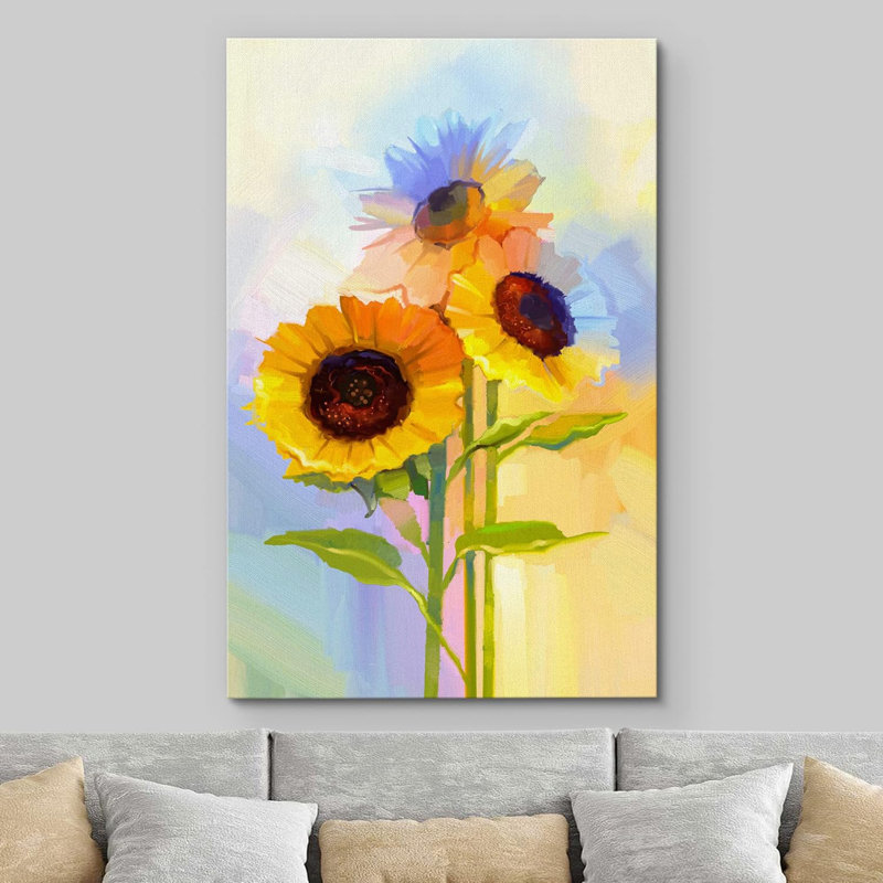 Vibrant Yellow Sunflowers - Bright Watercolor Floral Botanical Large Framed Canvas Print Wall Art, Wrapped Canvas
