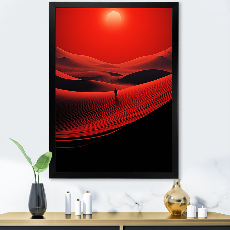 «Man Solitude In Red Arid Desert II» - art mural désert, Cadre simple noir, H 32 po x l 16 po x P 1 po