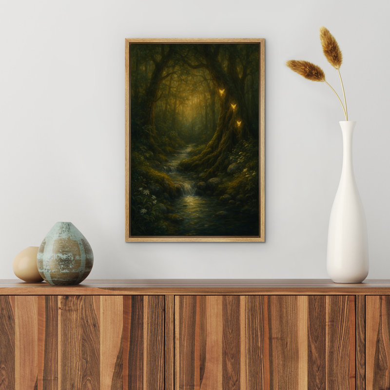 «Enchanted Forest with Glowing Butterflies Mystical Fantasy Landscape», reproduction d'art sur toile encadrée, Naturel