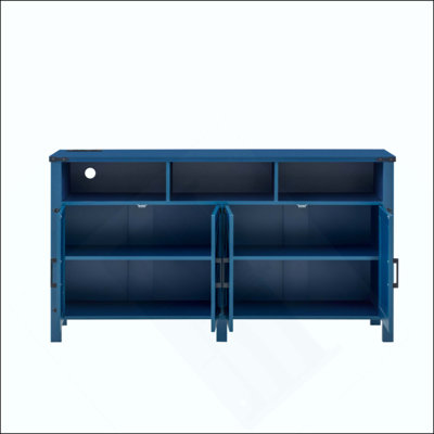Buffet moderne à 4 portes avec prises de courant et ports USB, tablettes réglables et armoire de rangement entrouverte, poignées en métal et poignées en aluminium pour le salon, la salle à manger, le vestibule