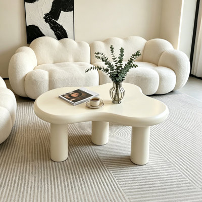 Table basse 34 po, table de chevet moderne en bois avec 3 pieds courbés, table d'appoint pour salon, balcon, chambre à coucher, blanc crème