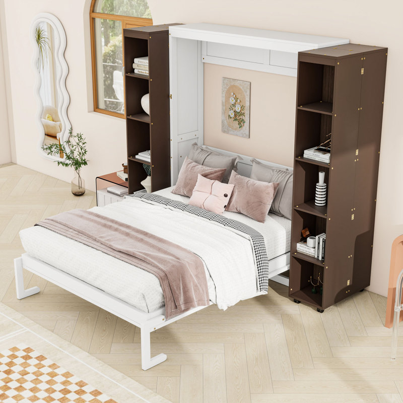 Grand lit escamotable en bois avec tablettes de rangement à pousser, Espresso