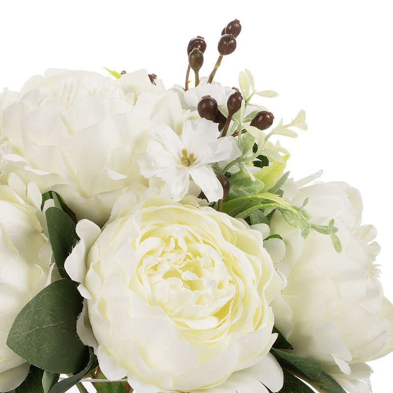 Arrangement de fleurs de pivoines artificielles mélangées dans un vase en verre avec de l'eau artificielle (crème)