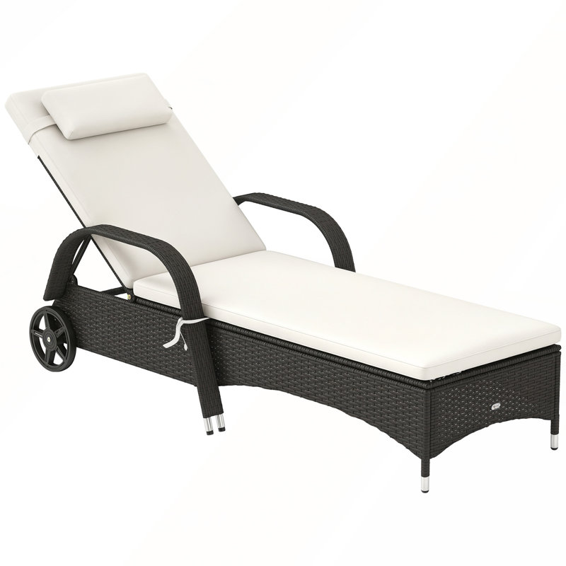 Outsunny Patio Wicker Chaise Lounge with Thick Cushion, Adjustable Backrest and Wheels