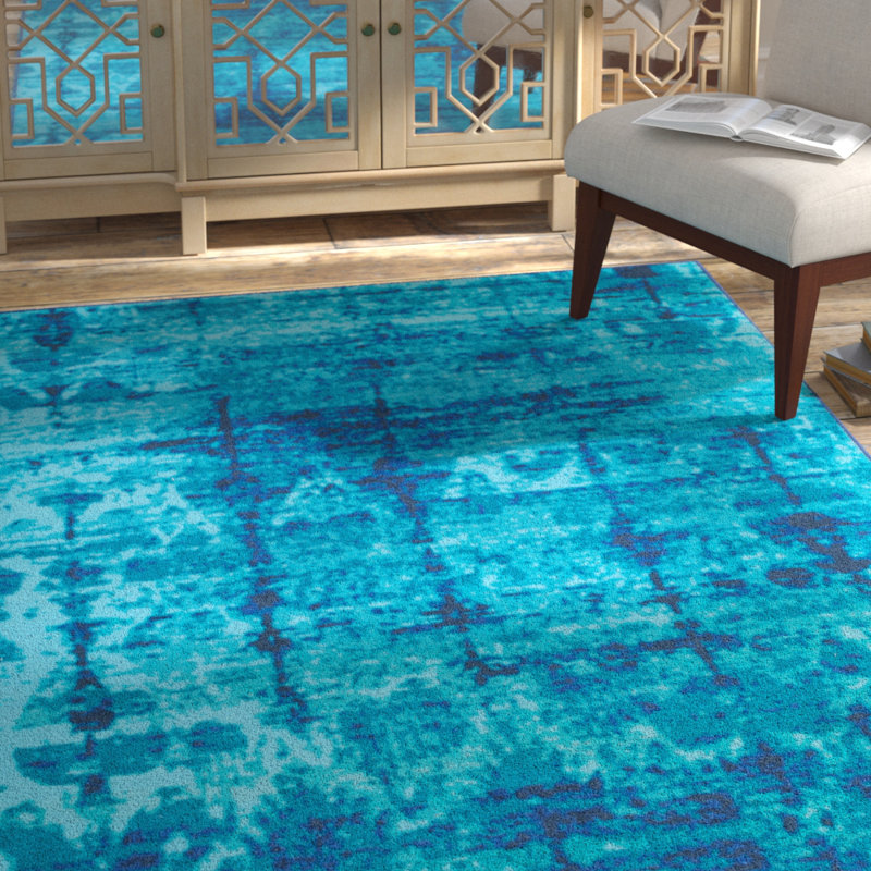 Tapis bleu abstrait en nylon, Rectangle 8 pi x 10 pi
