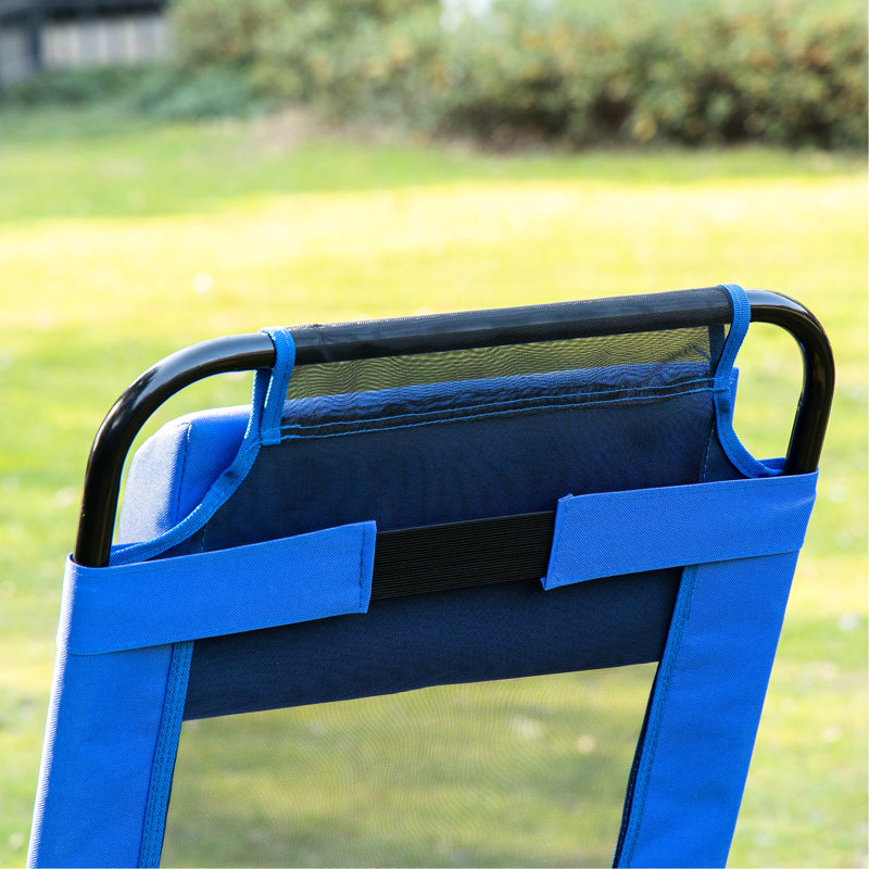 Of 2 Folding Patio Chairs, Blue Camping Chair With Adjustable Back Sling And Removable Head Cushion For Outdoor, Garden, Lawn Use Garden