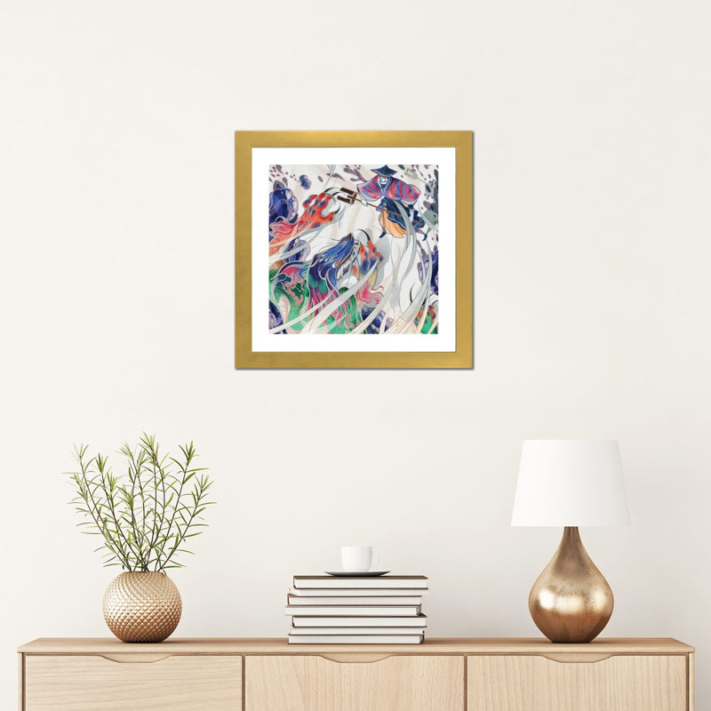" Water Beast " by Sija Hong, White, 16" H x 16" W x 1" D, Gold Framed Paper