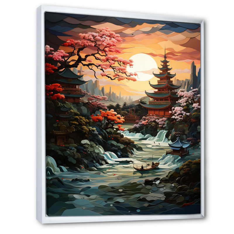 «Pohalski Asian Art Jade Palace Landscape I», reproduction sur toile, Cadre flottant blanc, H 32 po x l 24 po x P 1 po