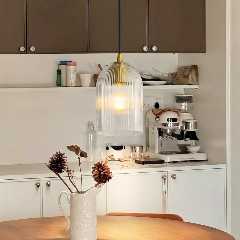  Dansby 1 - Light Modern Ribbed Glass Pendant Light for Dining Room, Gold, Clear
