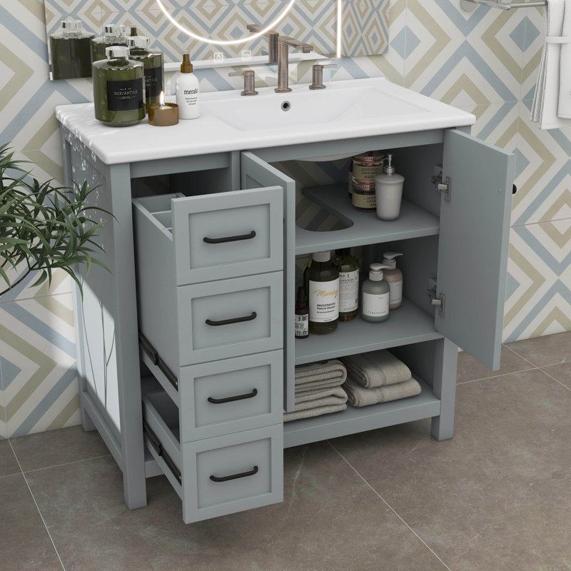 Meuble-lavabo de 36 pouces avec comptoir d'évier, armoire avec deux portes et deux tiroirs, avec tablette ouverte, Gris