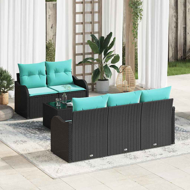  Ensemble de canapé de jardin en rotin noir 21,65 x 21,65 x 14,57 po, Coussin bleu sarcelle / structure noire