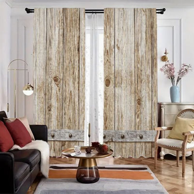 2Pcs Wood Grain Window Curtains, Rustic Farmhouse Barn Door Print Drapes for Living Room Bedroom Kitchen Rod Pocket,Room Darkening Privacy Curtain, Home Decor All Seasons