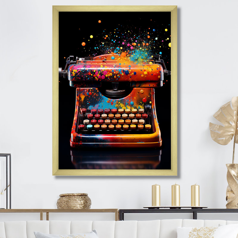 «Abstract Chic Typwriter» - Art mural Pop Art, Cadre doré simple, H 20 po x l 12 po x P 1 po