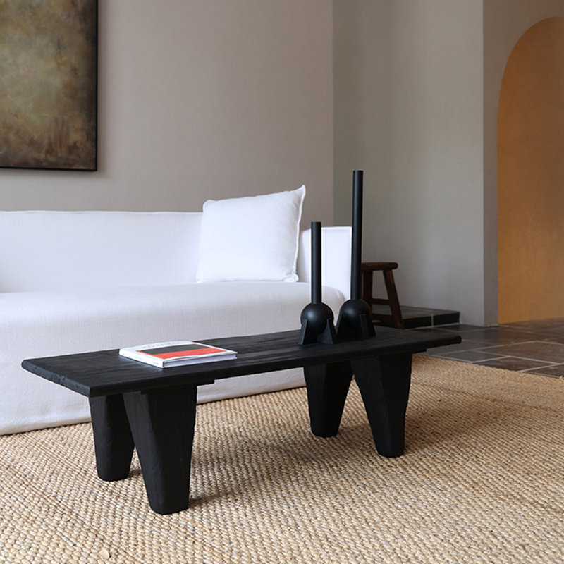 Table basse en bois massif carbonisé Wabi-sabi, 13.38" H x 47.24" L x 18.89" W