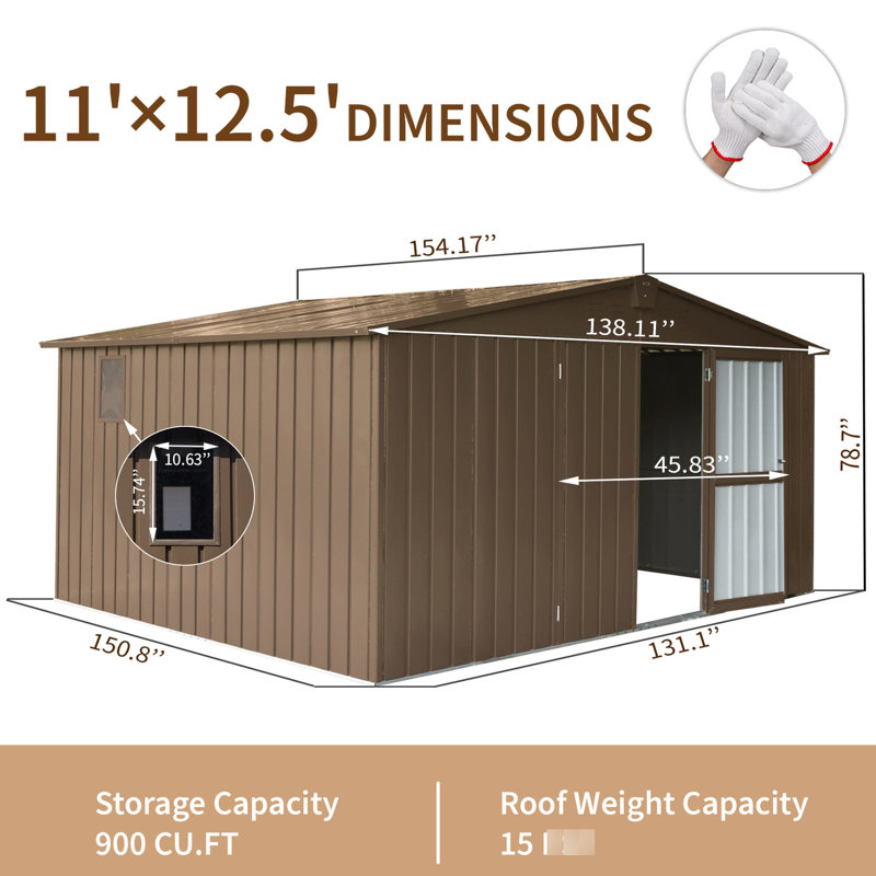 Remise de rangement pour outils de jardin 11 pi x 12,5 pi, structure en acier galvanisé, porte verrouillable et fenêtres (métal brun 12,5 pi avec porte de cadre, fenêtres, extérieur