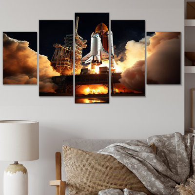 Space Shuttle Captivating Night Launch II - Space Shuttle Canvas Art Print - 5 Panels