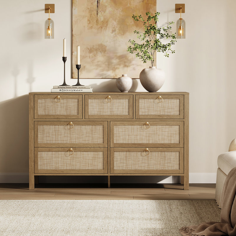 Commode à 7 tiroirs avec poignées dorées et commode de chambre à coucher Boho de 51 po Pomodoro, Carbone cerise / or