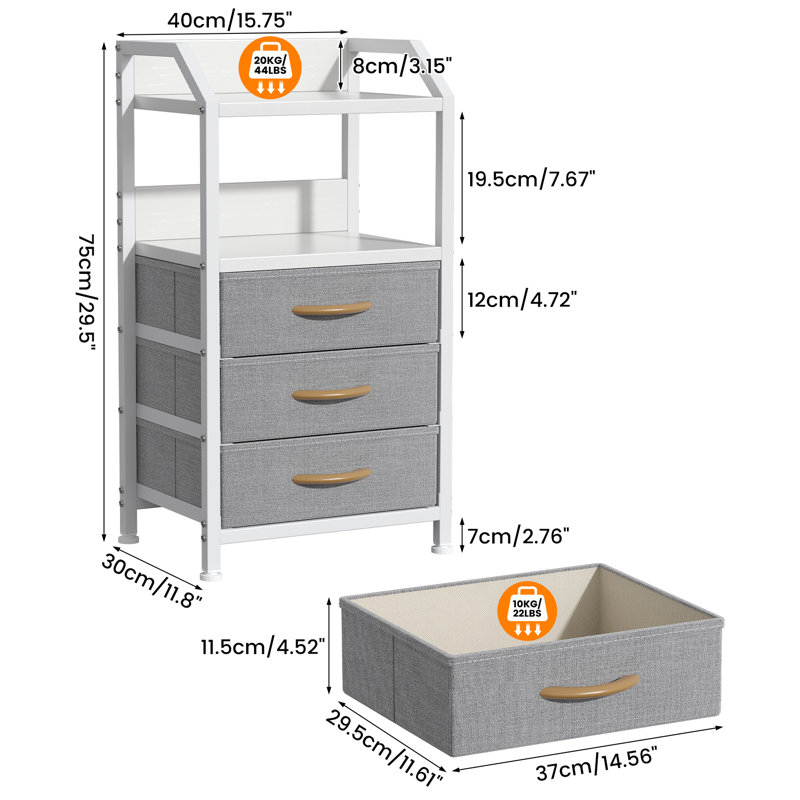 40cm W Bedside Table, Light Grey