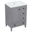 Meuble-lavabo gris de 61 cm (24 pouces) avec lavabo en céramique intégré, comprenant une tablette double sur la porte, des tiroirs à fermeture amortie et une porte d'armoire à fermeture amortie.