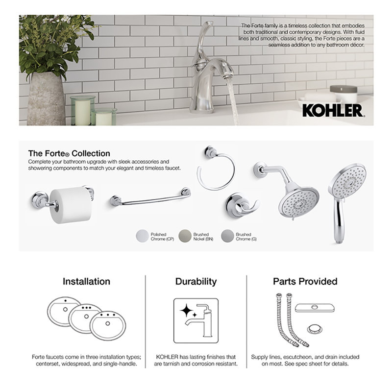Pomme de douche murale à fonction unique avec gicleur 66 pouces Forte, 2,5 gallons par minute Forte, Chrome poli