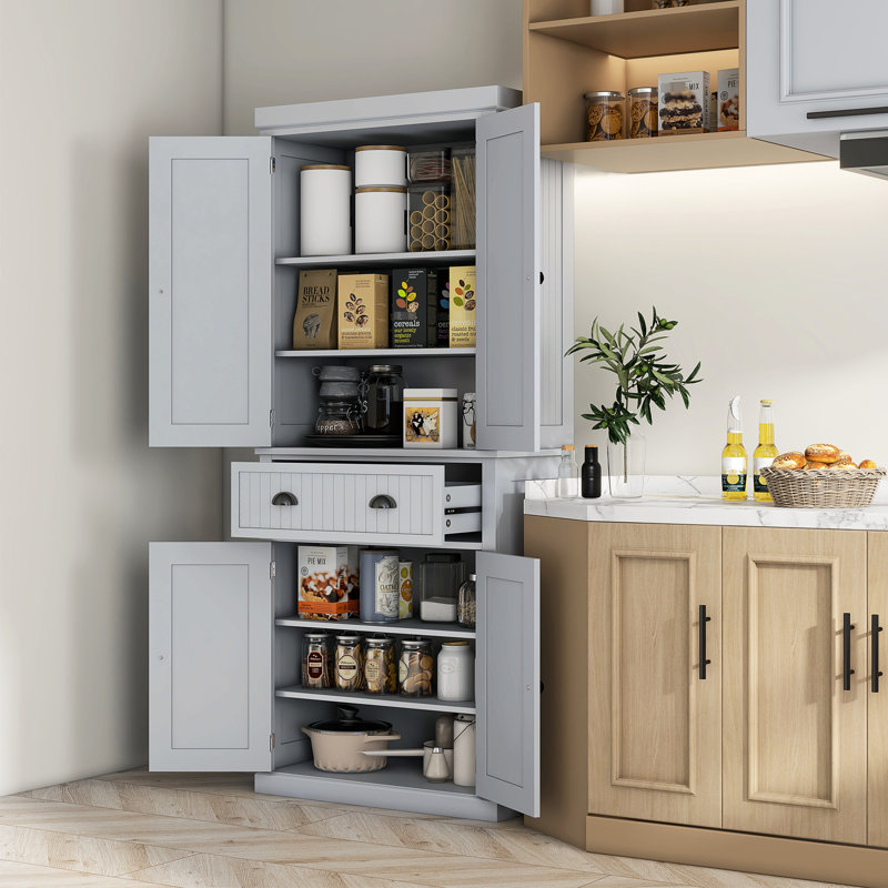 Kitchen Pantry, 4 Doors, 3 Adjustable Shelves, Large Drawer, Gray - Create Extra Storage 72" Shelves & Generous Internal Options
