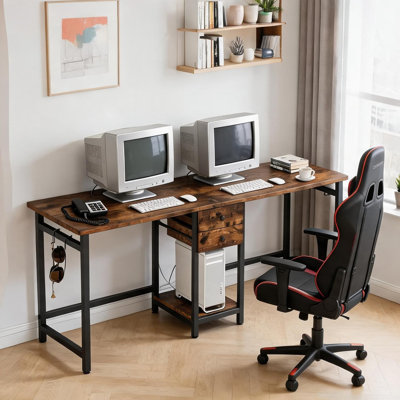 Two-Seat Computer Desk with Drawers, Extra-Large 78.8 Rectangular Workstation, MDF and Steel, Jet Black