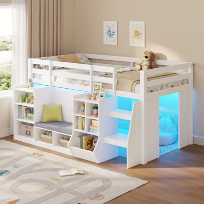 Twin Size Loft Bed With Bookcase,low Loft Bed With Led Lights And Reading Nook,loft Bed For Kids With Secret Play Space,safety Guardrail And 2 Wide Steps,white