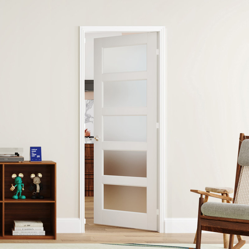 Porte intérieure française pré-suspendue double à 5 panneaux en verre givré de style moderne, cadre réglable, bois massif et bois manufacturé blanc avec cadre et poignée (ensemble de 2)